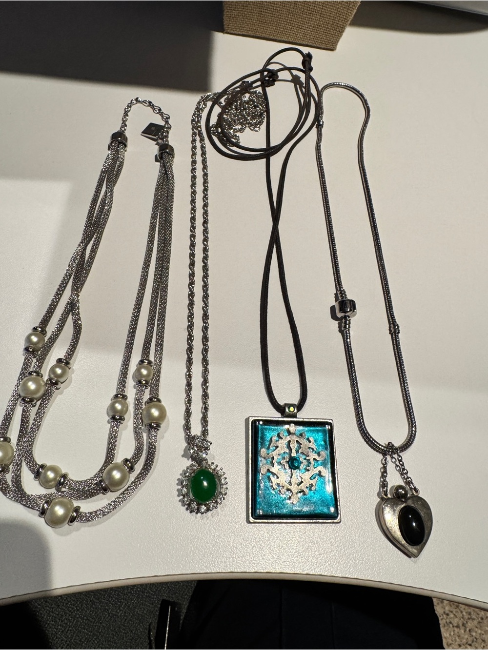 Silver-Tone Pearl Multi-Strand Necklace, Green Pendant & Blue Enamel Pendant Set